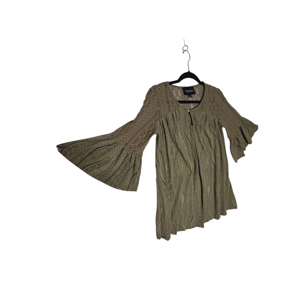 Tanoa Olive Green Crochet Lace Tiered Bell Sleeve Geometric Tunic‎ Top XS Hawaii